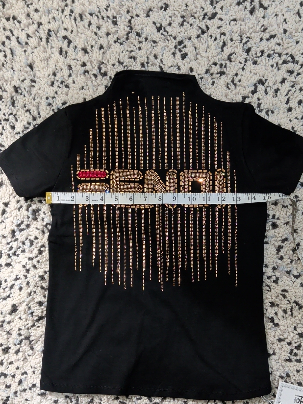 Black Short-Sleeve Tee with Gold Crystal Logo Detail